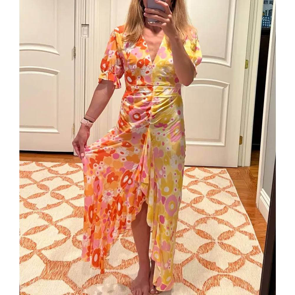 Rixo Whimsical Floral Colorblock Maxi Dress SMALL Ruched Orange Party Fun $420 - Picture 11 of 16